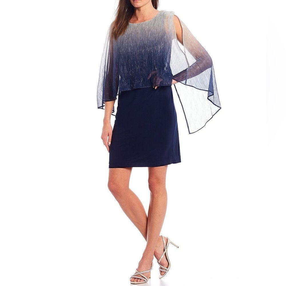 NWT SLNY WOMENS METALLIC CAPE MINI TWO PIECE DRESS navy silver size 18 N…
